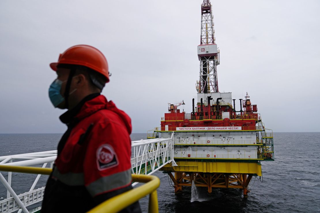 An employee at an oil platform operated by Lukoil company in the Baltic Sea, Russia.