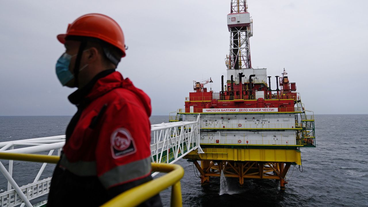 An employee at an oil platform operated by Lukoil company in the Baltic Sea, Russia.