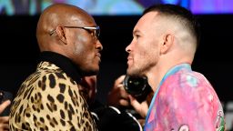 NEW YORK, NEW YORK - NOVEMBER 04: (L-R) Opponents Kamaru Usman of Nigeria and Colby Covington face off during the UFC 268 press conference at The Hulu Theater at Madison Square Garden on November 04, 2021 in New York City. (Photo by Jeff Bottari/Zuffa LLC)
