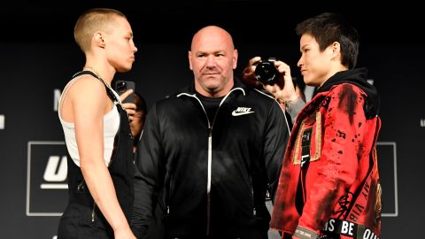 Namajunas and Zhang face off during the UFC 268 press conference.