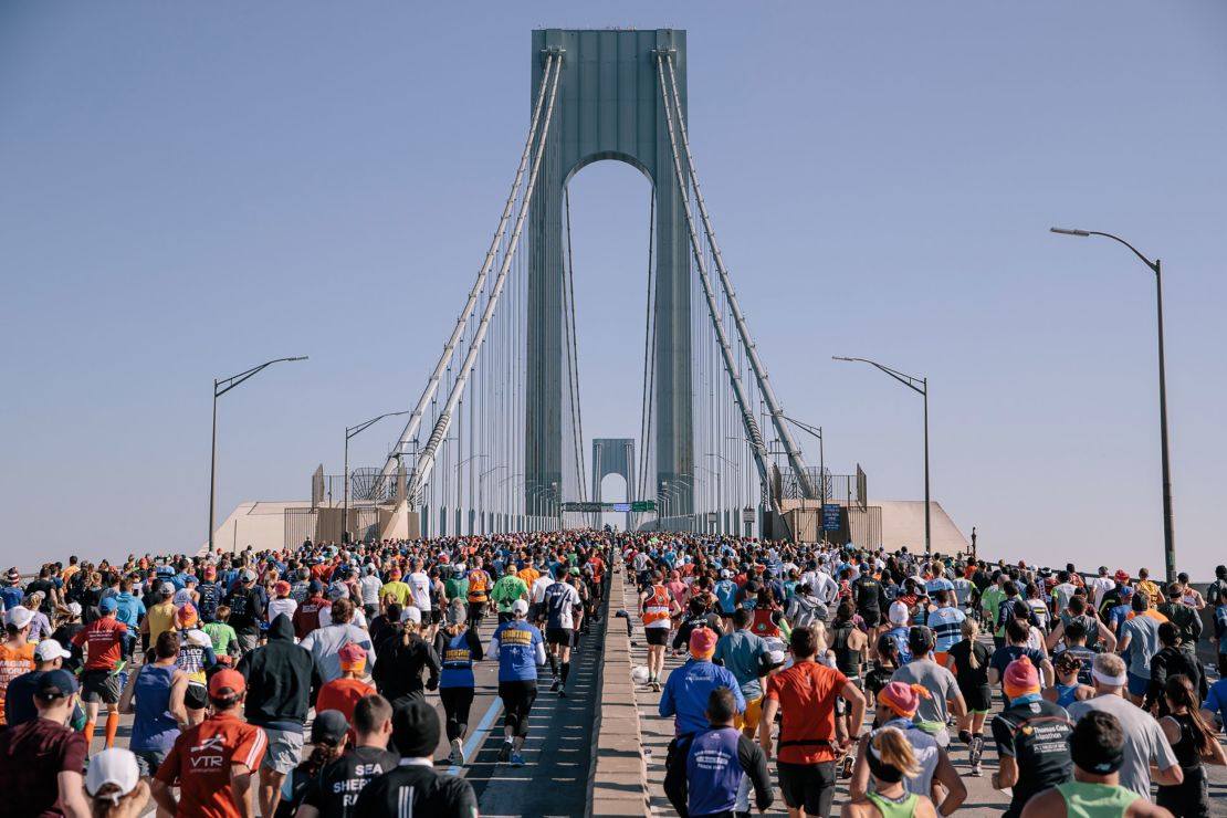 Runners cross the the Verrazzano Bridge during the TCS New York City Marathon on November 3, 2019.