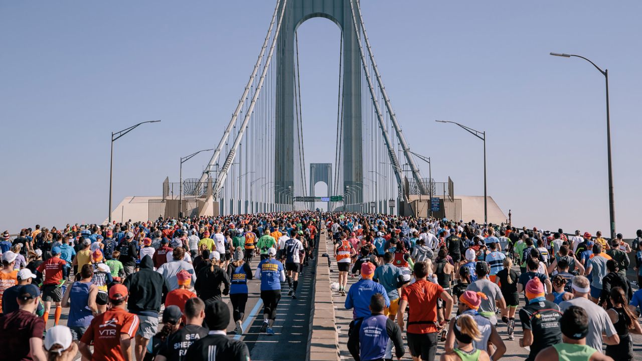 Runners cross the the Verrazzano Bridge during the TCS New York City Marathon on November 3, 2019.