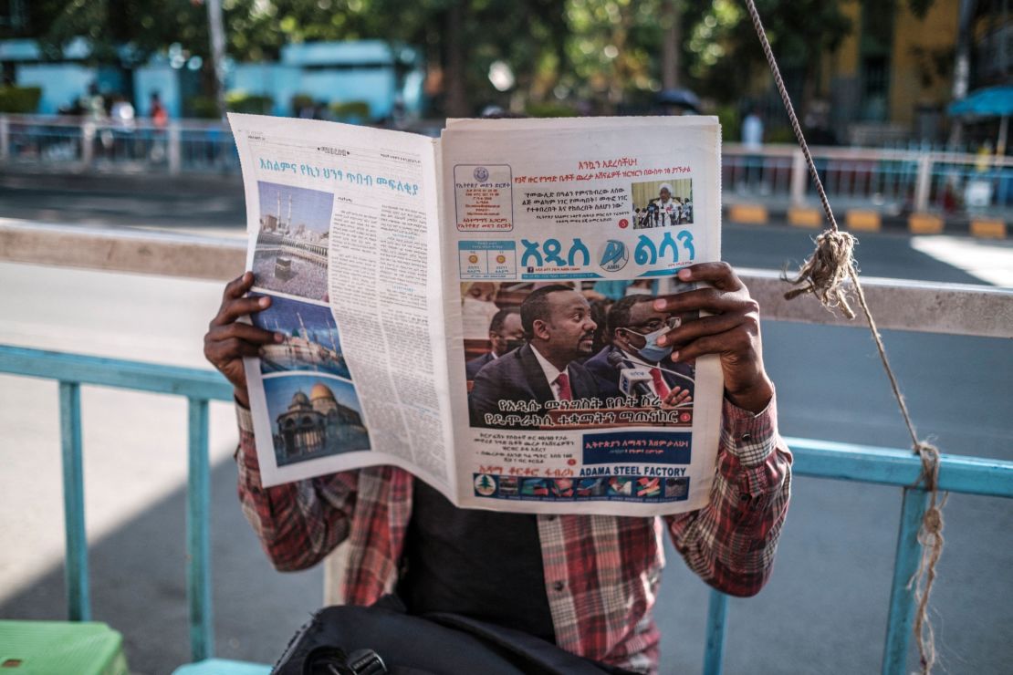 Prime Minister Abiy Ahmed on the cover of a newspaper in the Ethiopia's capital on November 3, a day after a nationwide state of emergency was announced.