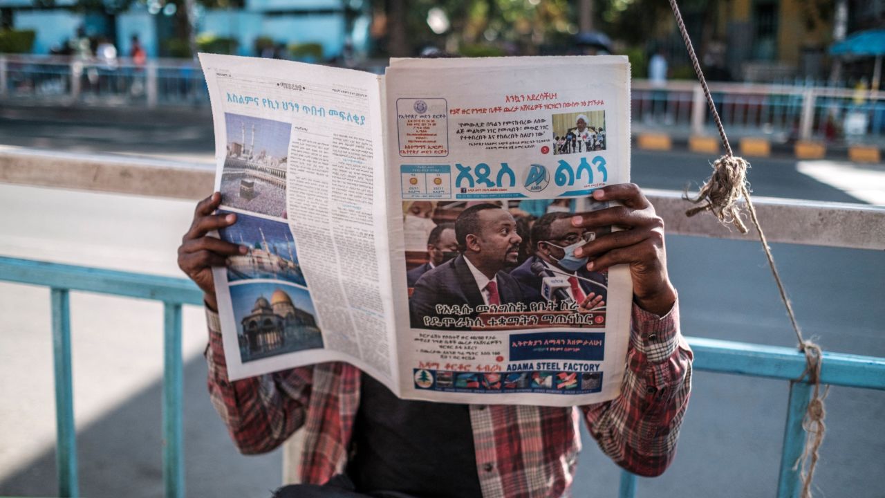 Prime Minister Abiy Ahmed on the cover of a newspaper in the Ethiopia's capital on November 3, a day after a nationwide state of emergency was announced.
