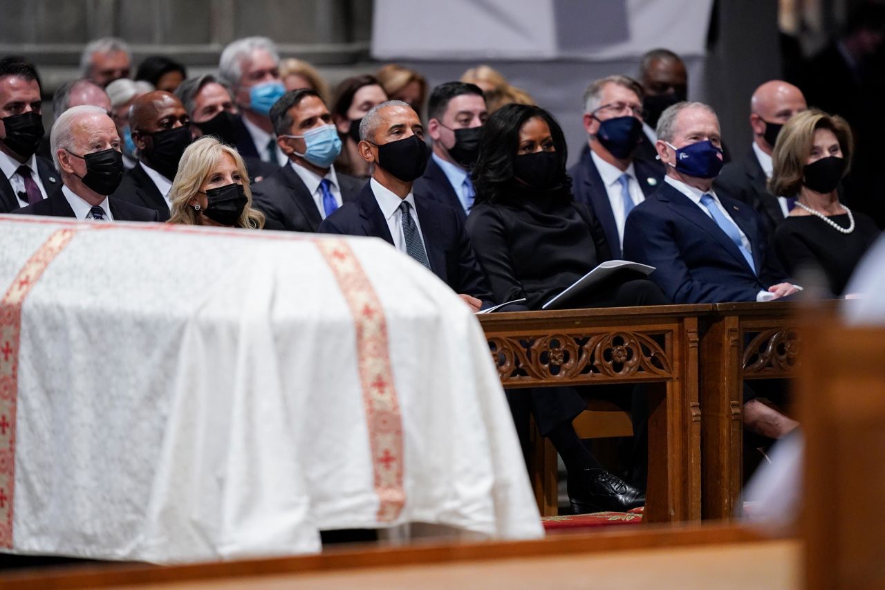 From left, President Joe Biden, first lady Jill Biden, former President Barack Obama, former first lady Michelle Obama, former President George W. Bush and former first lady Laura Bush are seated during Colin Powell's funeral on Friday, November 5.