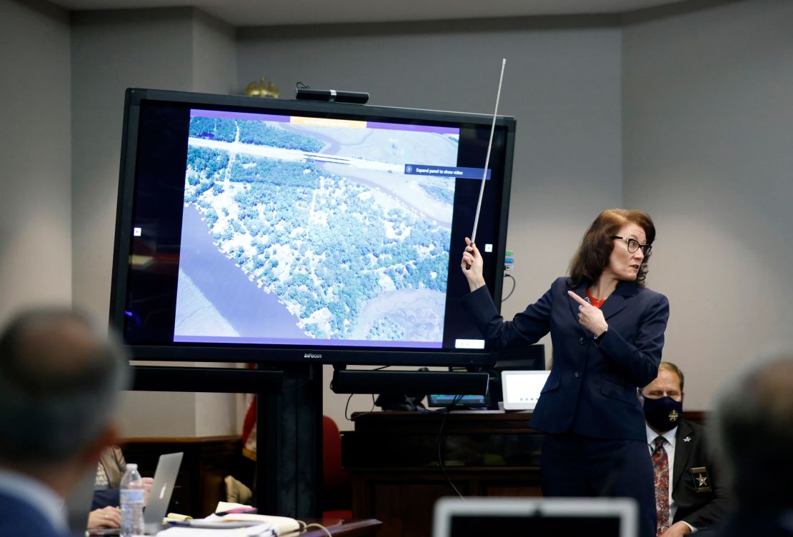 Prosecutor Linda Dunikoski speaks during opening statements in the trial of the accused killers of Ahmaud Arbery on November 5, 2021, in Brunswick, Georgia.