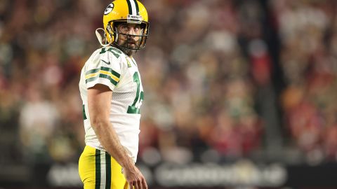 Rodgers looks to the scoreboard during the second half of a game against the Arizona Cardinals.