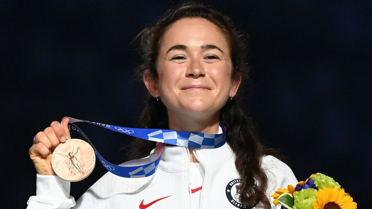 Seidel poses with her bronze medal from the Tokyo Olympics.