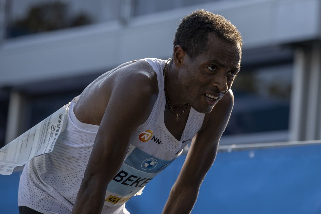 Bekele catches his breath after this year's Berlin Marathon. 