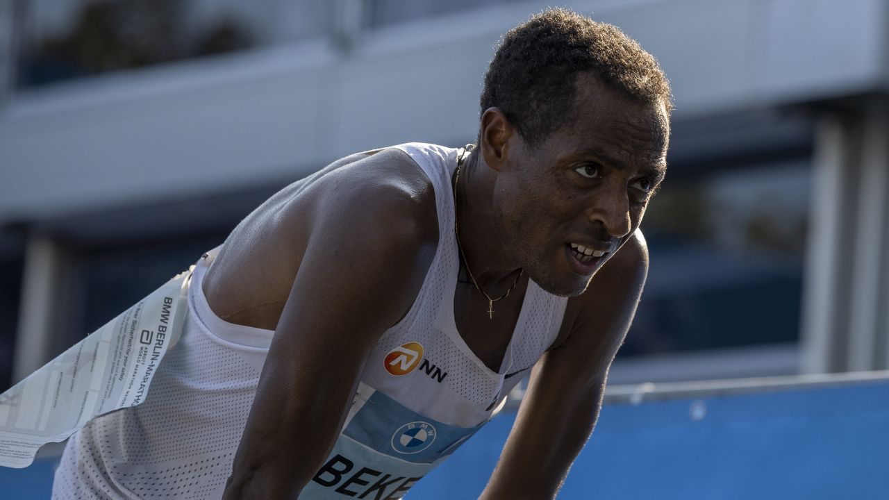 Bekele catches his breath after this year's Berlin Marathon.