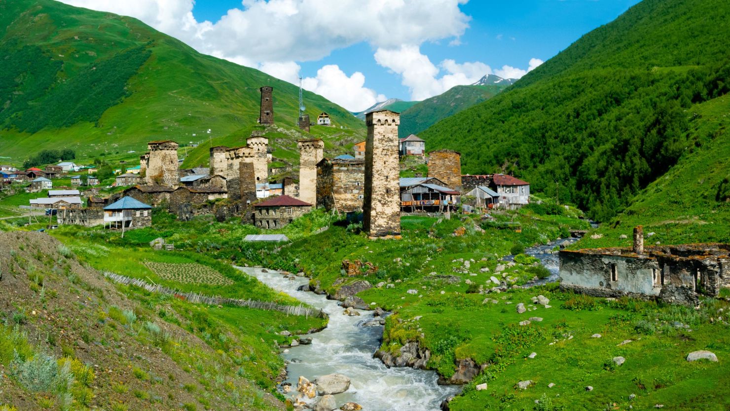 Country landscape in Ushguli, Svaneti, Georgia.