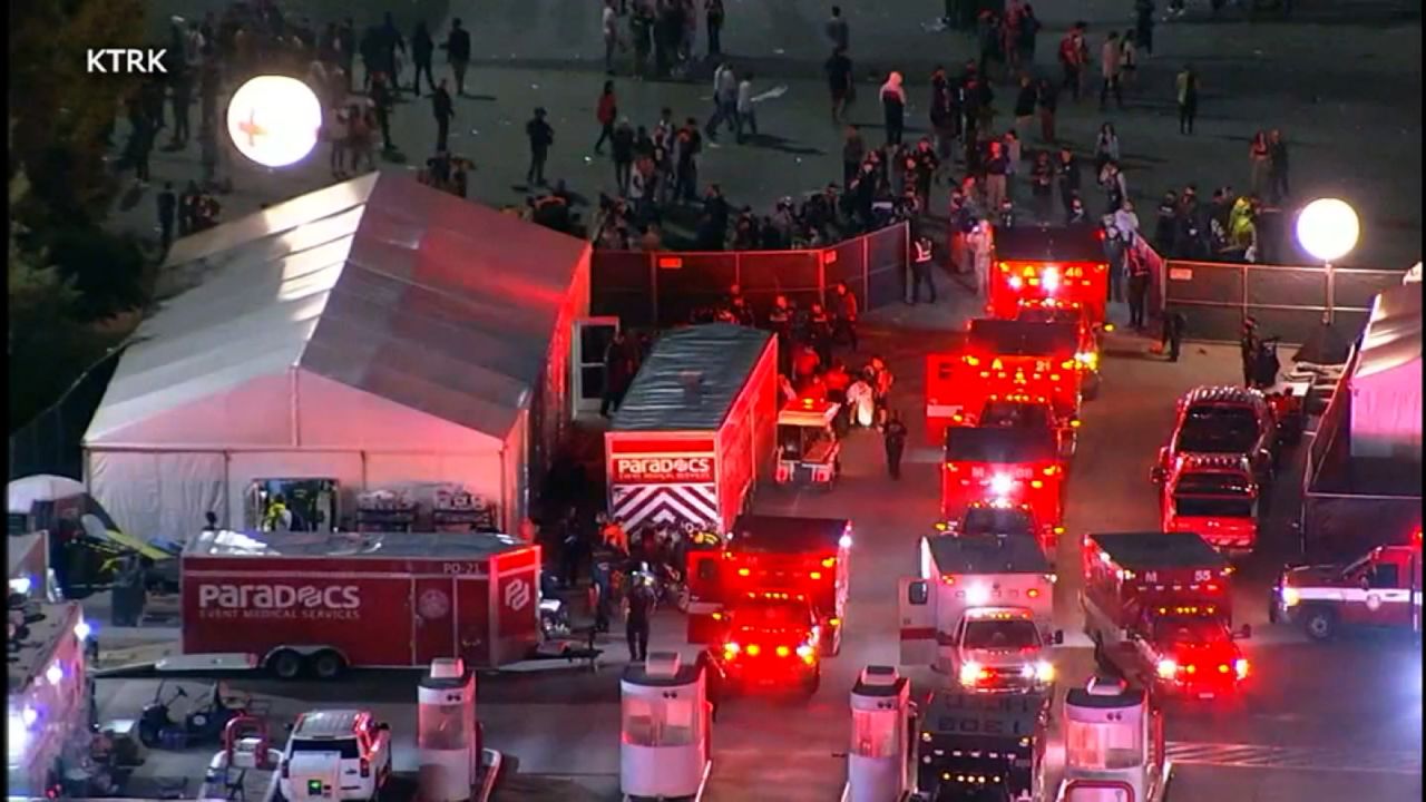 Ambulances arrive on the scene after a stampede at the Astroworld Festival in Houston.