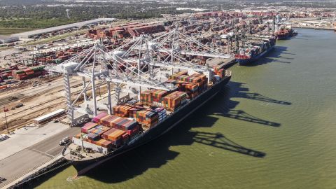 An aerial photo shows container ships at a Port of Houston.