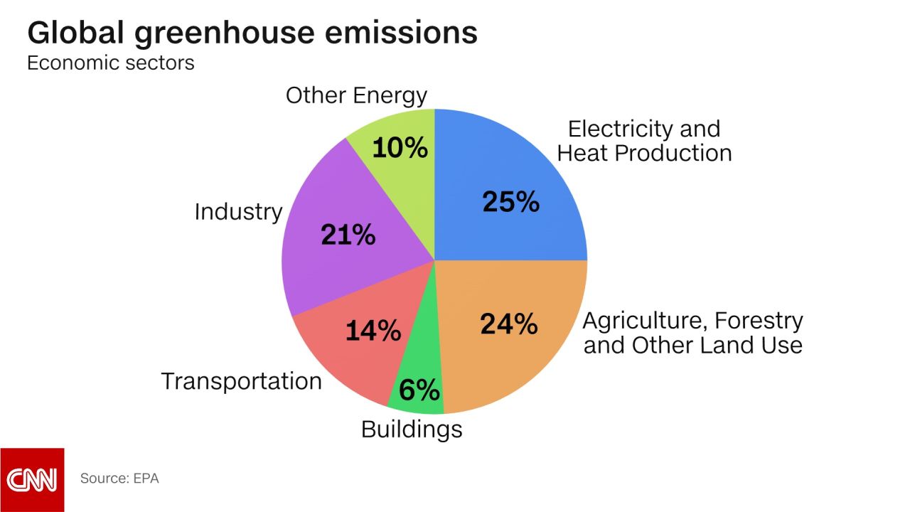 Greenhouse gas emissions by economic sector, which shows electricity and heat production producing the greatest amount of emissions at 25% out of all sectors.