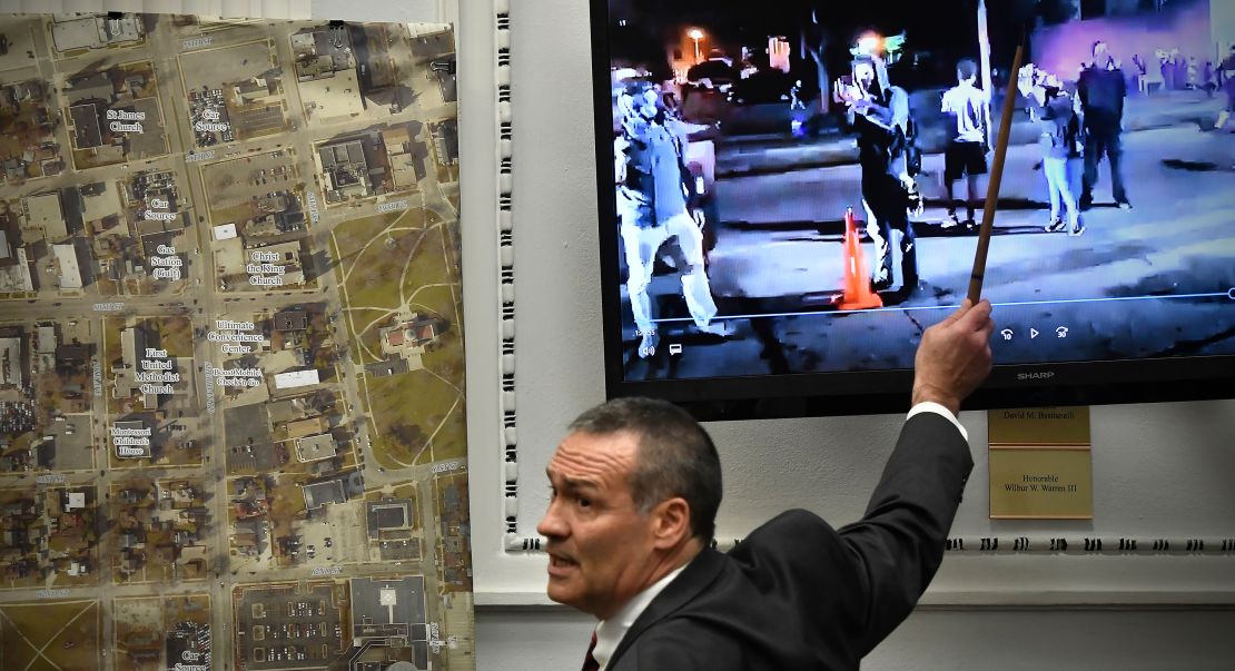 Mark Richards, Kyle Rittenhouse's lead attorney, points to people in a video taken the night of August 25, 2020, as he cross-examines Kenosha Police Department Detective Martin Howard on November 3, 2021