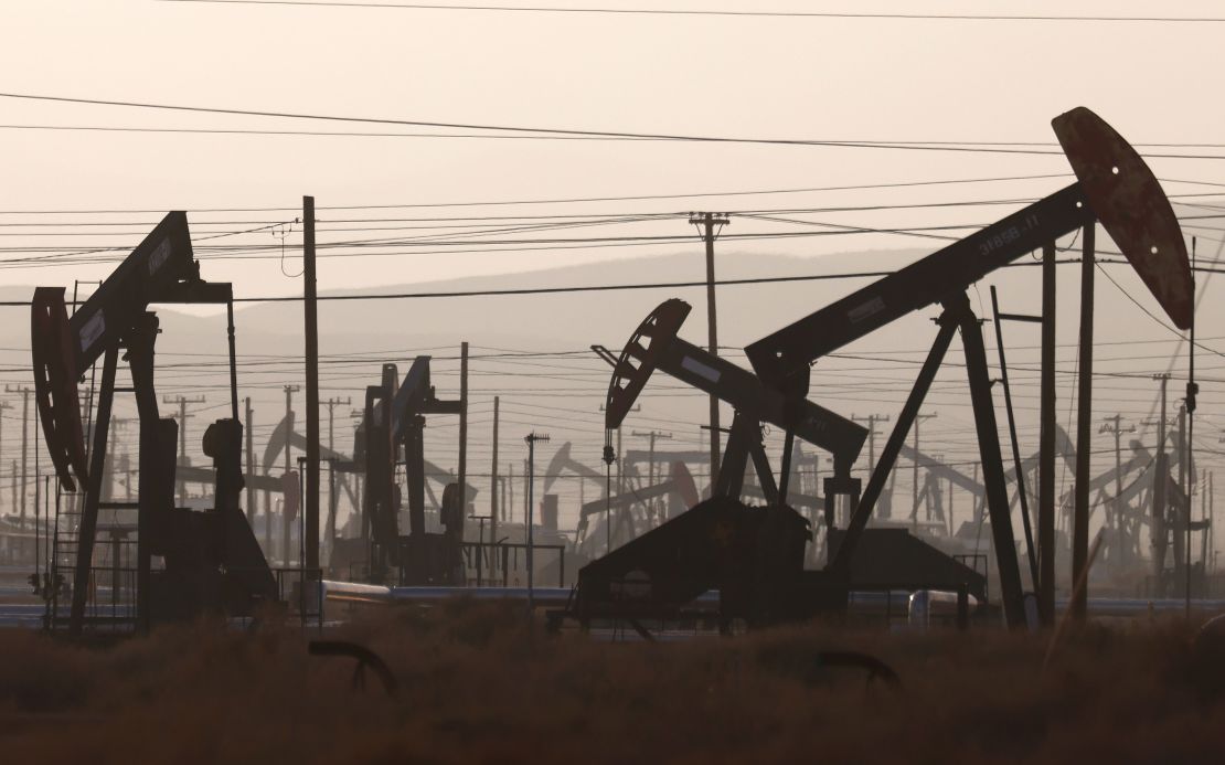 Pumpjacks operate while others stand idle in the Belridge oil field near McKittrick, California. Oil and gas operations can leak methane, a potent greenhouse gas, into the atmosphere.