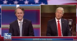 Glenn Youngkin, played by Alex Moffat, (left) and James Austin Johnson's Donald Trump (right) on Saturday Night Live on November 6, 2021.