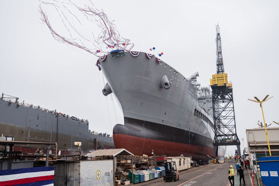 USNS Harvey Milk departs the General Dynamics NASSCO shipyard after a ceremonial address in San Diego, California on November 6.