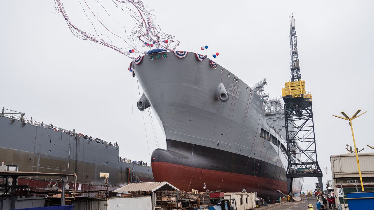 USNS Harvey Milk departs the General Dynamics NASSCO shipyard after a ceremonial address in San Diego, California on November 6.