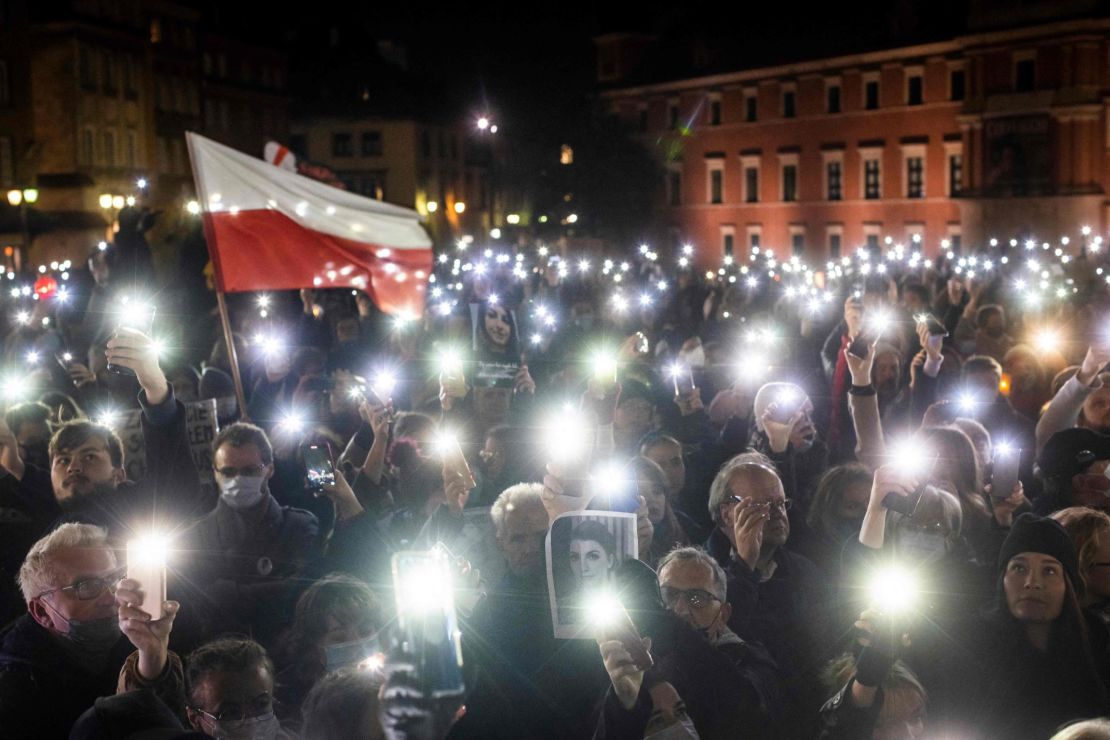 Protesters in Warsaw mark the first anniversary of a Polish Constitutional Court ruling that imposed a near-total ban on abortion, and commemorate the death of a young pregnant Polish woman who was denied the procedure.