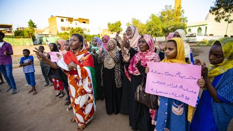 Pro-democracy protesters demonstrate for the end of military intervention and for the transfer to civilian rule in Khartoum, Sudan on November 4, 2021.