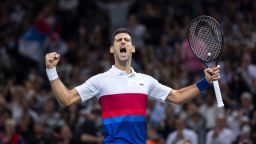 PARIS, FRANCE - NOVEMBER 06: Novak Djokovic of Serbia celebrates winning a point during his singles semi final match against Hubert Hurkacz of Poland during Day Six of the Rolex Paris Masters at AccorHotels Arena on November 06, 2021 in Paris, France. (Photo by Justin Setterfield/Getty Images)