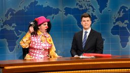 SATURDAY NIGHT LIVE -- "Kieran Culkin" Episode 1810 -- Pictured: (l-r) Cecily Strong as Goober The Clown and anchor Colin Jost during Weekend Update on Saturday, November 6, 2021 -- (Photo by: Will Heath/NBC)