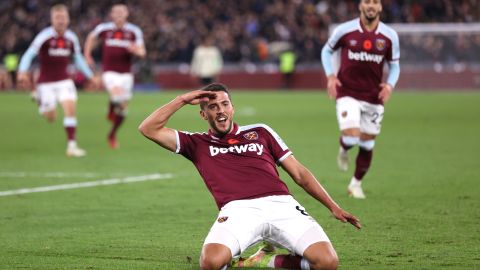 Pablo Fornals celebrates after he scores West Ham's second goal in an upset against Liverpool.