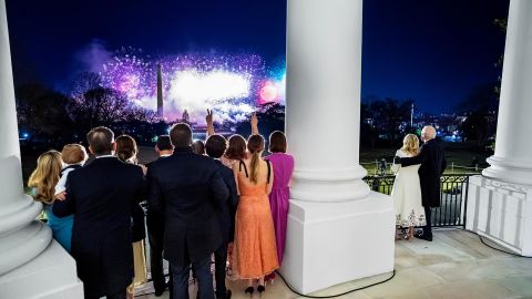 President Joe Biden and First Lady Dr. Jill Biden, joined by their family, watch fireworks from the Blue Room Balcony of the White House on January 20, ini honor of Biden's Inauguration. 