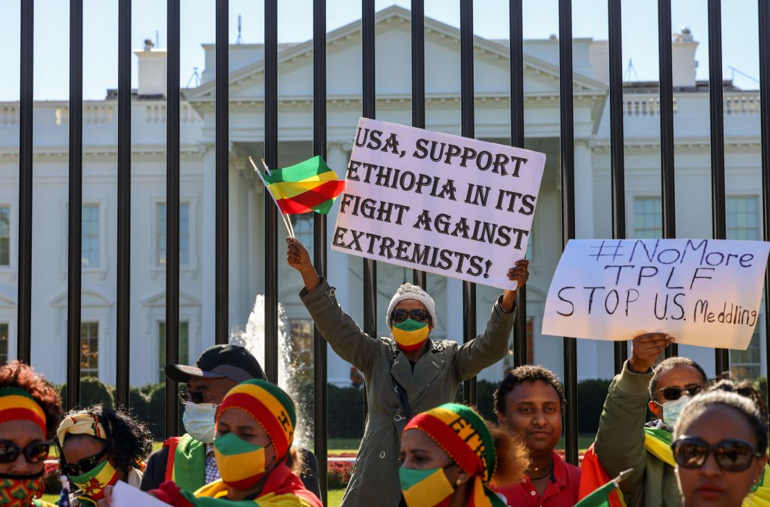 Demonstrators outside the White House on November 8 denounce the United States' stance on the conflict in Ethiopia.