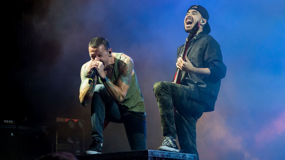 Musicians Chester Bennington and Mike Shinoda of Linkin Park, who once stopped a performance when a mosh pit got out of hand, perform during The Carnivores Tour on August 15, 2014 in Camden, New Jersey. 