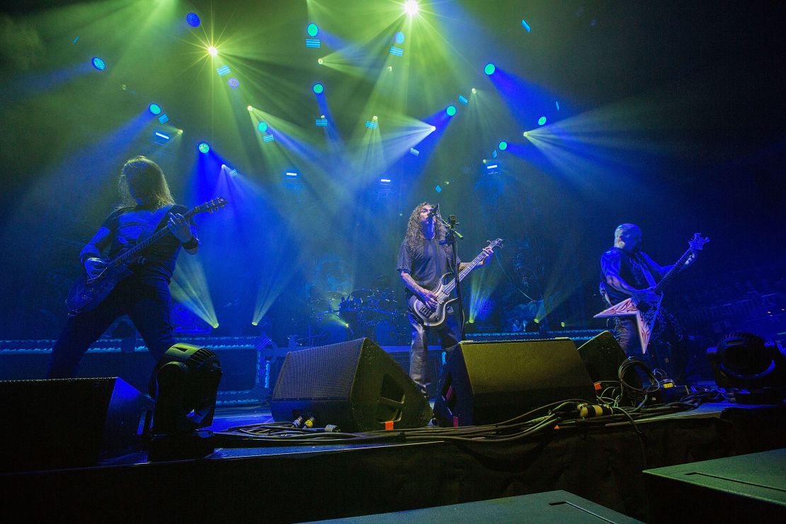 Musicians Gary Holt, Tom Araya, and Kerry King of Slayer perform on stage at Valley View Casino Center on May 10, 2018 in San Diego, California. The show was paused to clear fans from the aisles. 