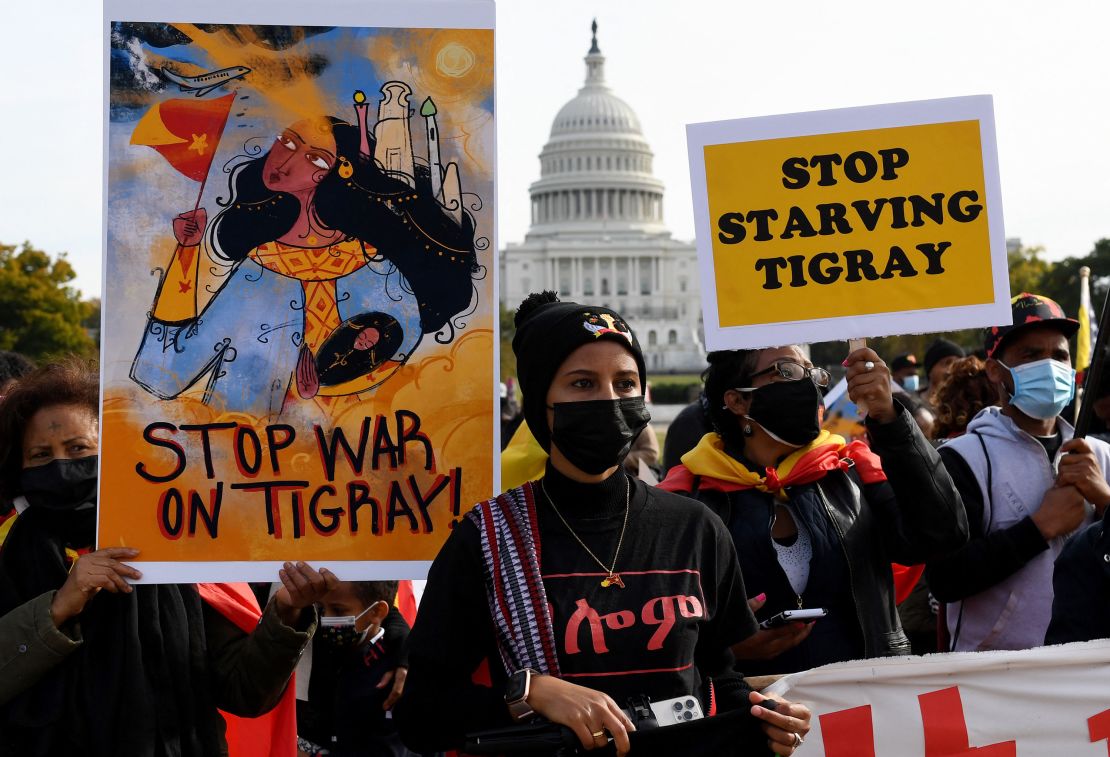 Demonstrators march on the National Mall in Washington on November 4, 2021, marking the one-year anniversary of the Ethiopian government's decision to deploy troops into the country's northernmost Tigray region.
