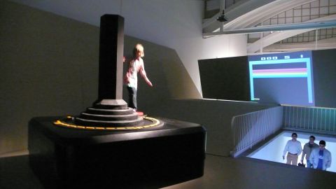 People operating the Giant Joystick in 2007 at LABoral Art and Industrial Creation Centre in Spain.