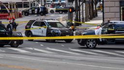 LOS ANGELES, CA - APRIL 27: LAPD investigates scene of shooting at 7th and Figueroa Streets where an Uber driver was shot and killed on Tuesday, April 27, 2021 in downtown Los Angeles, CA. (Brian van der Brug / Los Angeles Times via Getty Images)