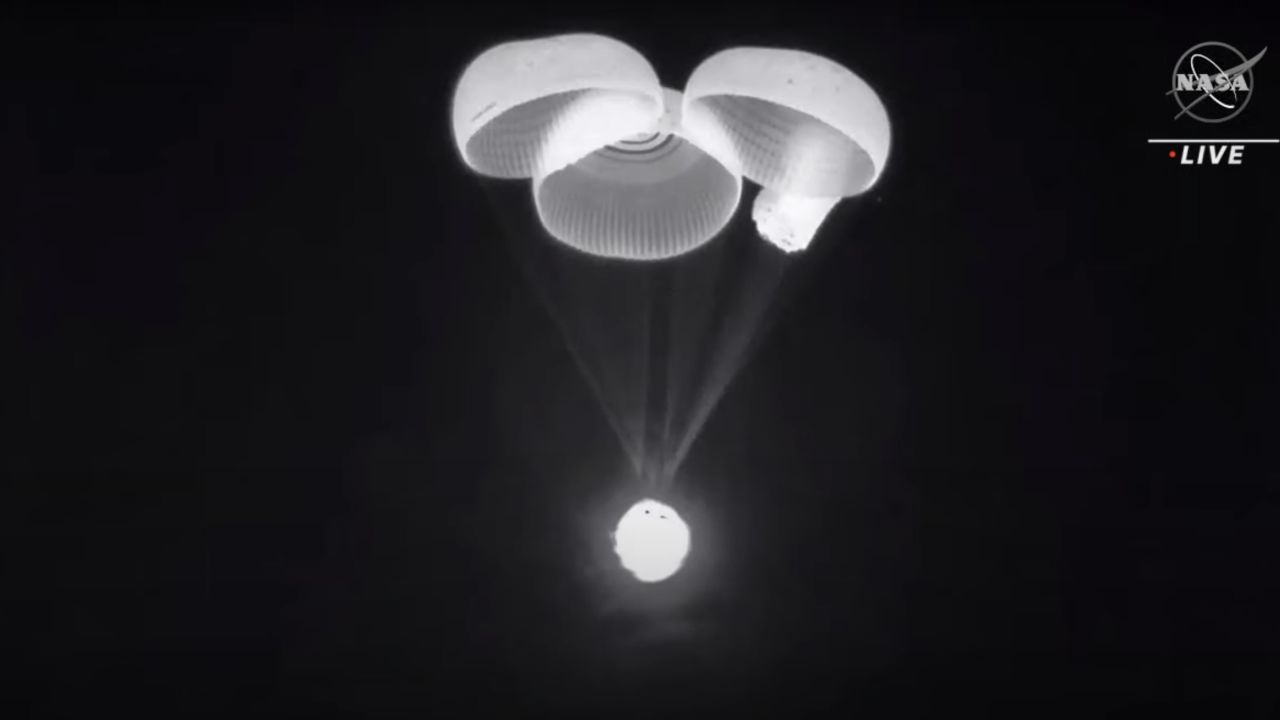 A ghostly image of the SpaceX Crew Dragon capsule — carrying the Crew-2 astronauts — as seen during their nighttime splashdown in the Gulf of Mexico as they return from the International Space Station on November 8.