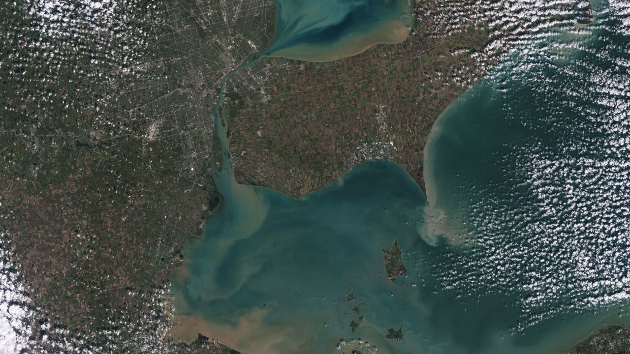 Sediments swirl in Lake Erie and Lake St. Clair in this Landsat 9 image of both Detroit, Michigan, and Windsor, Ontario, from Oct. 31, 2021. The Great Lakes serve as sources of freshwater, recreational activity, transport, and habitat for the upper-midwestern US, and water quality remains a high priority.