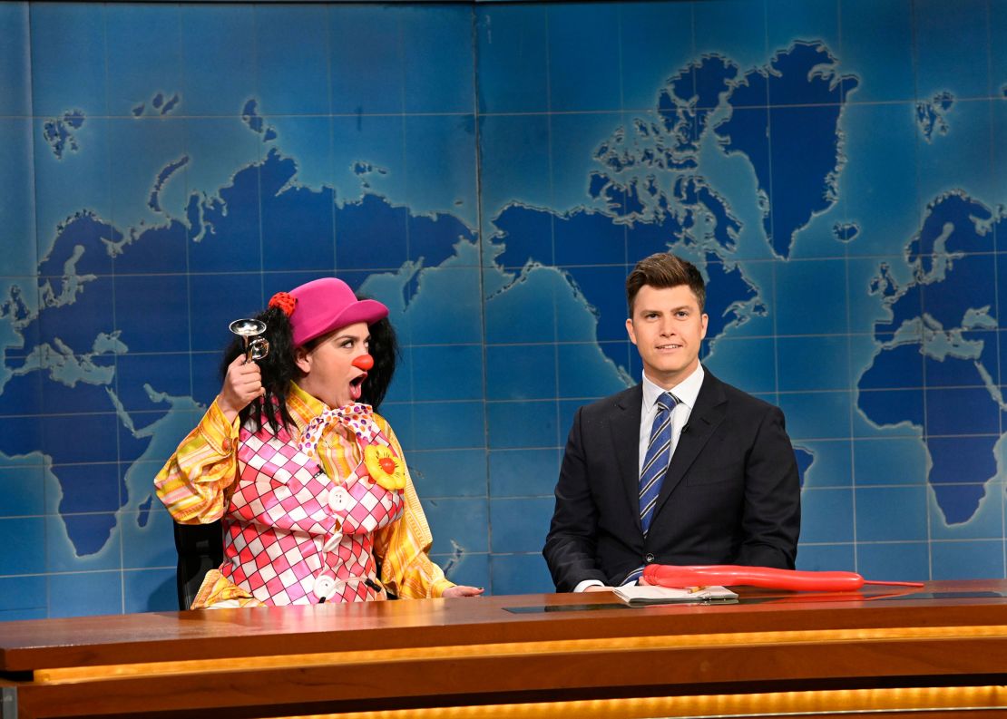 (From left) Cecily Strong as Goober The Clown and anchor Colin Jost during 'SNL''s Weekend Update on Saturday.
