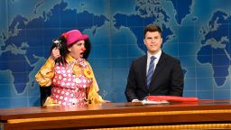 SATURDAY NIGHT LIVE -- "Kieran Culkin" Episode 1810 -- Pictured: (l-r) Cecily Strong as Goober The Clown and anchor Colin Jost during Weekend Update on Saturday, November 6, 2021 -- (Photo By: Will Heath/NBC/NBCU Photo Bank via Getty Images)
