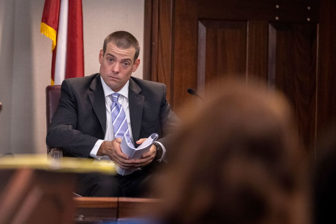 Glynn County police Officer Jeff Brandeberry sits on the witness stand Tuesday in Brunswick, Georgia.