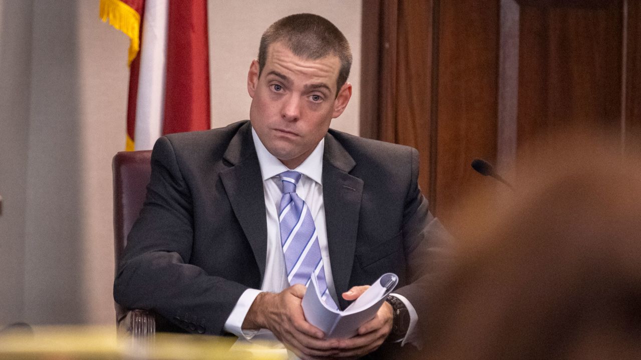 Glynn County police Officer Jeff Brandeberry sits on the witness stand Tuesday in Brunswick, Georgia.