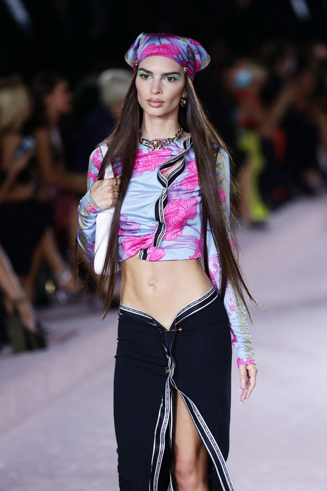 Emily Ratajkowski walks the runway at the Versace fashion show during the Milan Fashion Week, September 2021.