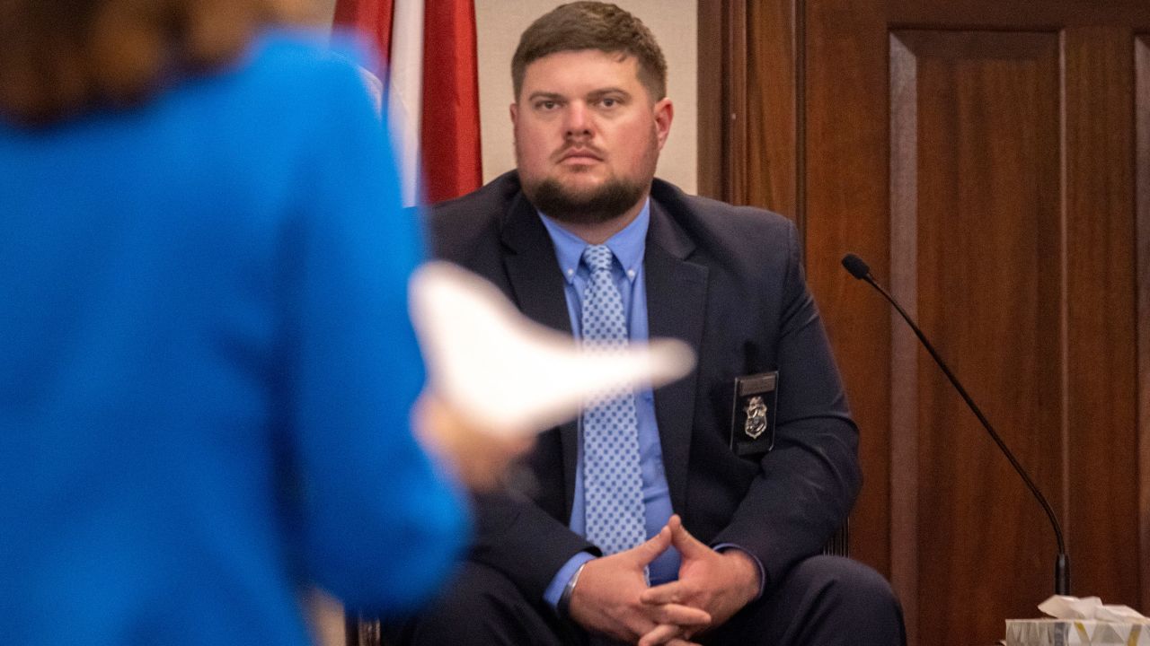 Glynn County Police Department Investigative Detective Parker Marcy sits on the witness stand in the Glynn County Courthouse on Tuesday.