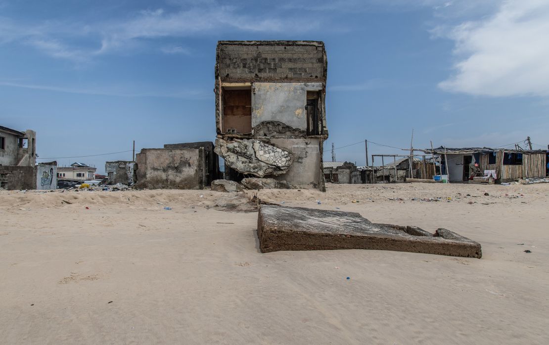 Dilapidated buildings are seen along the coast of Lagos Island.