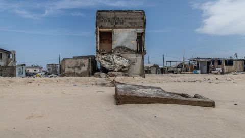 Dilapidated buildings are seen along the coast of Lagos Island.