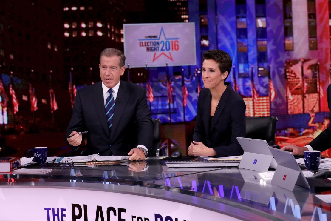 Brian Williams, anchor of "The 11th Hour with Brian Williams" and Rachel Maddow, host of "The Rachel Maddow Show" on Tuesday, November 8, 2016 in New York.