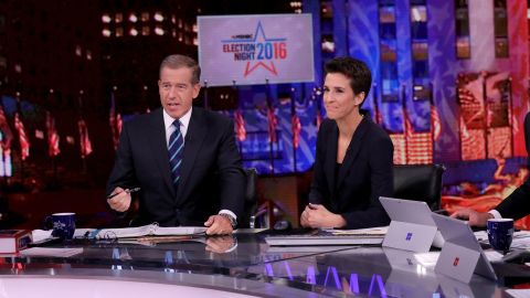 Brian Williams, anchor of "The 11th Hour with Brian Williams" and Rachel Maddow, host of "The Rachel Maddow Show" on Tuesday, November 8, 2016 in New York.