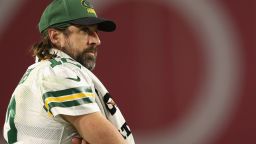 Quarterback Aaron Rodgers #12 of the Green Bay Packers watches from the sidelines during the second half of the NFL game at State Farm Stadium on October 28, 2021 in Glendale, Arizona.