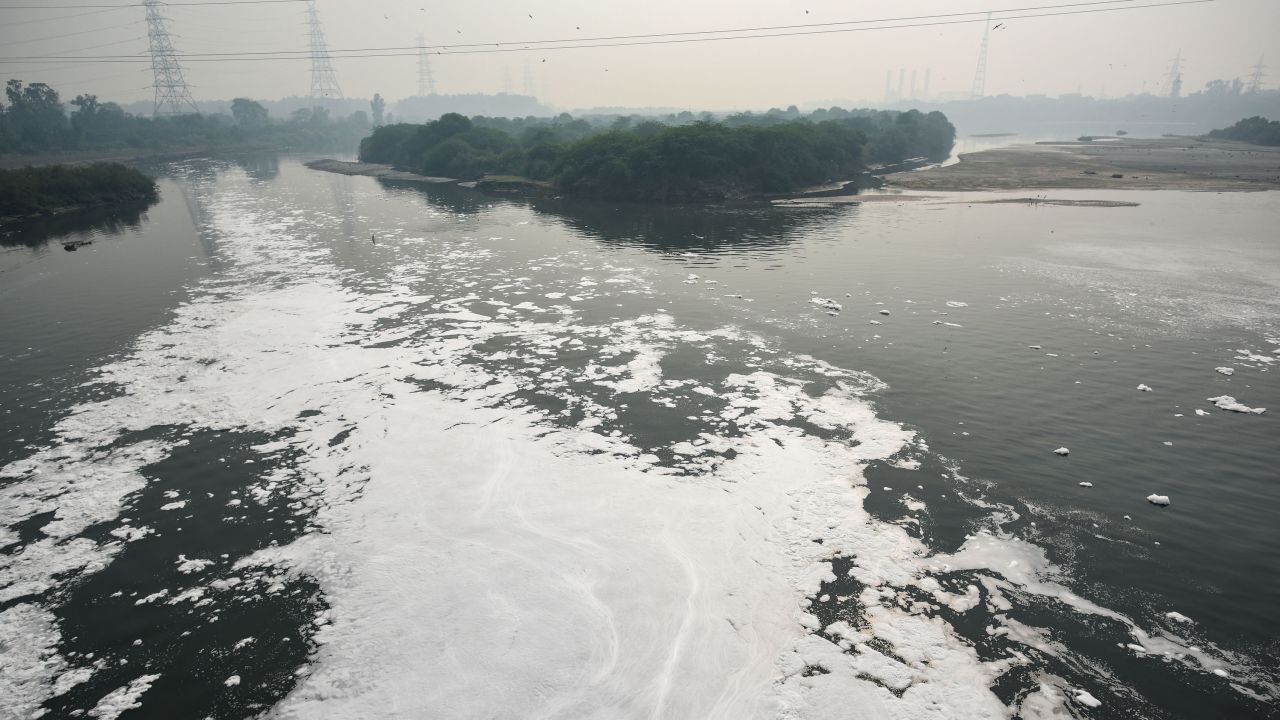 Toxic foams floating on Yamuna water on November 8, 2021 in New Delhi, India. 