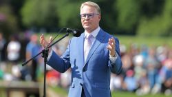 Keith Pelley, CEO of the European Tour speaks to the crowd after  the final round of the BMW PGA Championship at Wentworth on May 27, 2018 in Virginia Water, England.